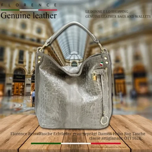 Florence Beuteltasche Echtleder grau geprägt Damen Hobo Bag Tasche OTF162K