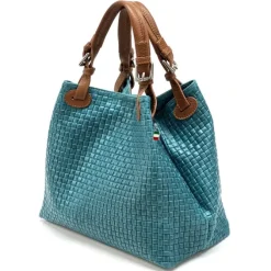 Florence Damen Handtasche Echtleder türkis Flechtmuster OTF164T