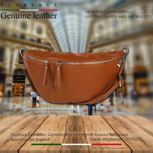 Florence Echtleder Gürteltasche extra groß Damen hellbraun Bauchtasche Jugend OTF820C