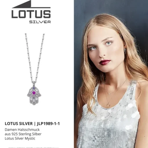 LOTUS Silver Halskette Hand der Fatima 925 Silber rosa lila Mystic JLP1989-1-1