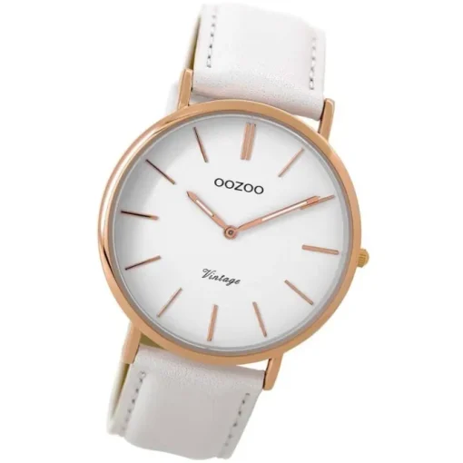 Oozoo Damen Armbanduhr rosegold Ultra Slim Quarz C9315 Lederarmband weiß UOC9315