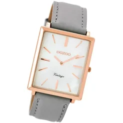 Oozoo Damen Armbanduhr rosegold Ultra Slim Quarz C8185 Lederarmband grau UOC8185