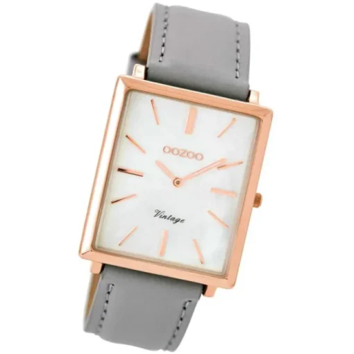 Oozoo Damen Armbanduhr rosegold Ultra Slim Quarz C8185 Lederarmband grau UOC8185