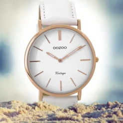 Oozoo Damen Armbanduhr rosegold Ultra Slim Quarz C9315 Lederarmband weiß UOC9315