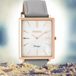 Oozoo Damen Armbanduhr rosegold Ultra Slim Quarz C8185 Lederarmband grau UOC8185