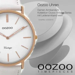 Oozoo Damen Armbanduhr rosegold Ultra Slim Quarz C9315 Lederarmband weiß UOC9315