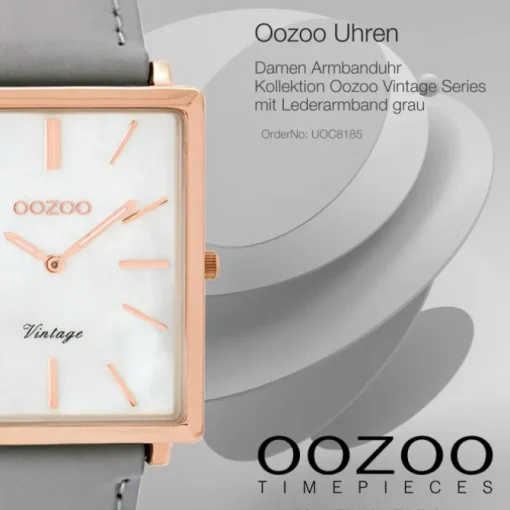 Oozoo Damen Armbanduhr rosegold Ultra Slim Quarz C8185 Lederarmband grau UOC8185