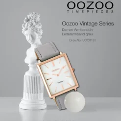 Oozoo Damen Armbanduhr rosegold Ultra Slim Quarz C8185 Lederarmband grau UOC8185