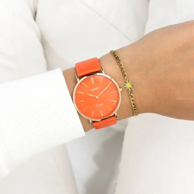 Oozoo Damen Armbanduhr Vintage Analog Leder rot orange UOC20321