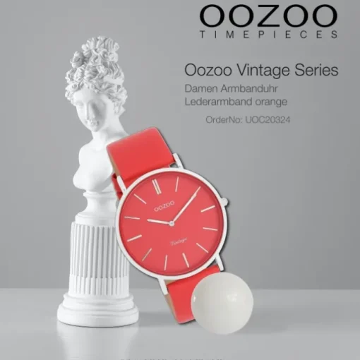 Oozoo Damen Armbanduhr Vintage Analog Leder orange rot UOC20324