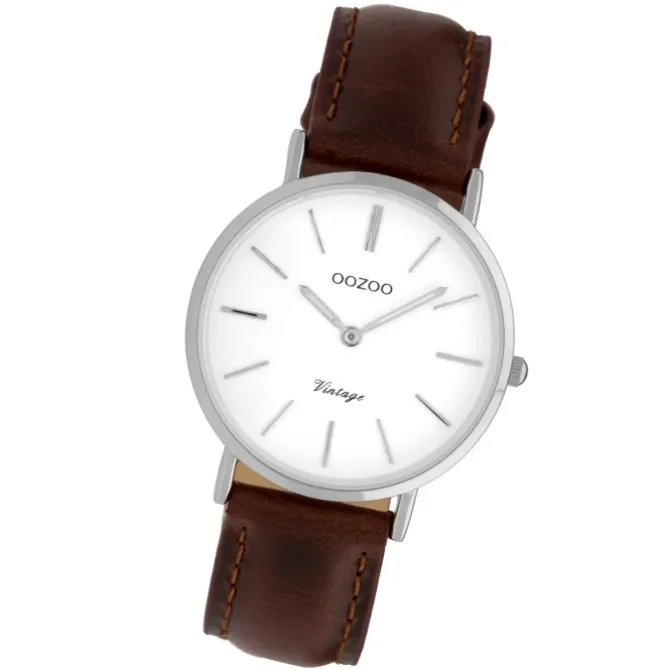 Oozoo Damenuhr Slim Quarzuhr mit braunem Leder-Armband UOC9835