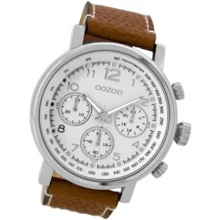 Oozoo Herren Armbanduhr silber Timepieces Quarz C9455 Lederarmband braun UOC9455