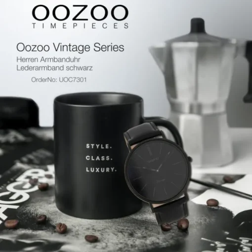 Oozoo Herren Damen Armbanduhr Ultra Slim C7301 Analog Leder schwarz UOC7301