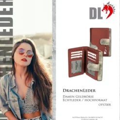 Portemonnaie Hochformat Leder rot, grau Damen DrachenLeder OPS700R