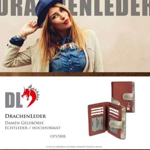 Portemonnaie Hochformat Leder rot, grau Damen DrachenLeder OPS700R