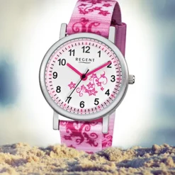 Regent Blumenranke Kinder-Armbanduhr Textil rosa pink weiß Mädchen Uhr URF727