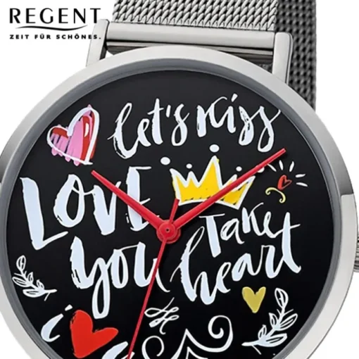 Regent Damen Armbanduhr Analog BA-516 Quarz-Uhr Scribble Metall silber URBA516