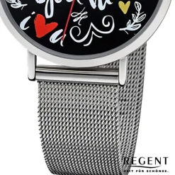 Regent Damen Armbanduhr Analog BA-516 Quarz-Uhr Scribble Metall silber URBA516