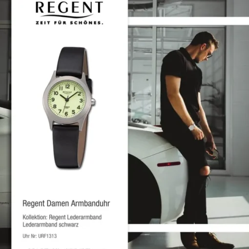 Regent Damen Armbanduhr Analog Lederarmband schwarz URF1313