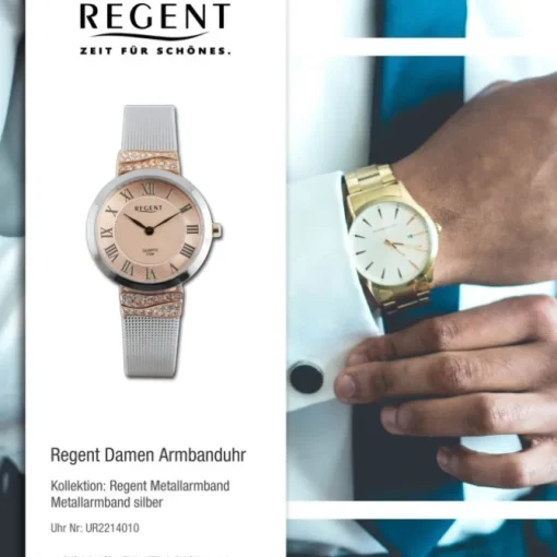 Regent Damen Armbanduhr Analog Metallarmband silber rosegold UR2214010