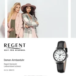 Regent Damen Armbanduhr Analog Lederarmband schwarz URBA781