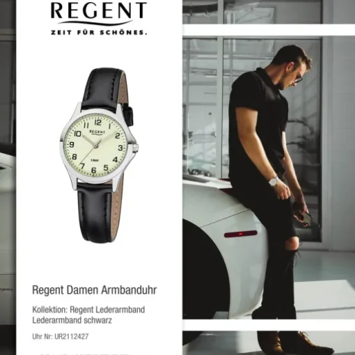 Regent Damen Armbanduhr Analog 2112427 Quarz-Uhr Leder schwarz UR2112427