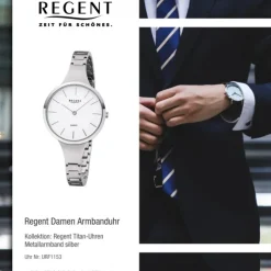 Regent Damen Armbanduhr Analog F-1153 Quarz-Uhr Titan silber URF1153