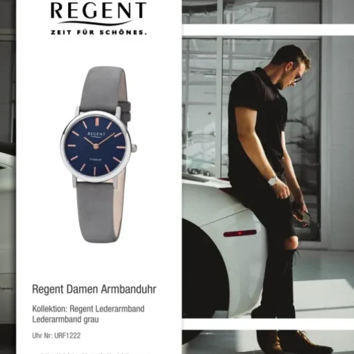 Regent Damen Armbanduhr Analog F-1222 Quarz-Uhr Leder grau URF1222