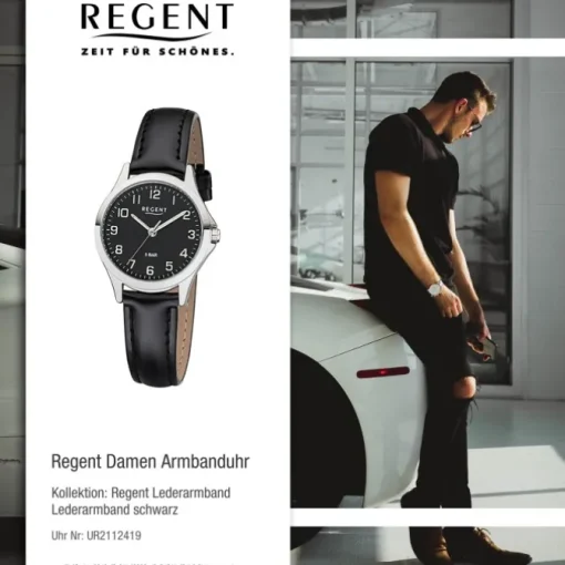 Regent Damen Armbanduhr Analog 2112419 Quarz-Uhr Leder schwarz UR2112419
