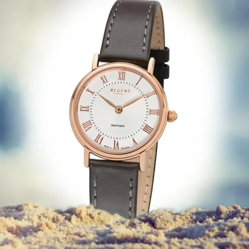 Regent Damen Armbanduhr Analog GM-1604 Quarz-Uhr Leder grau URGM1604