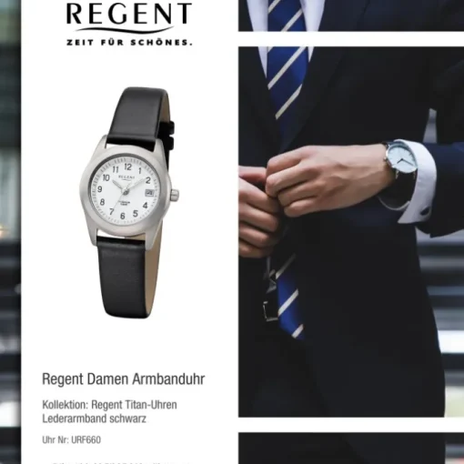 Regent Damen Armbanduhr Analog F-660 Quarz-Uhr Titan schwarz URF660