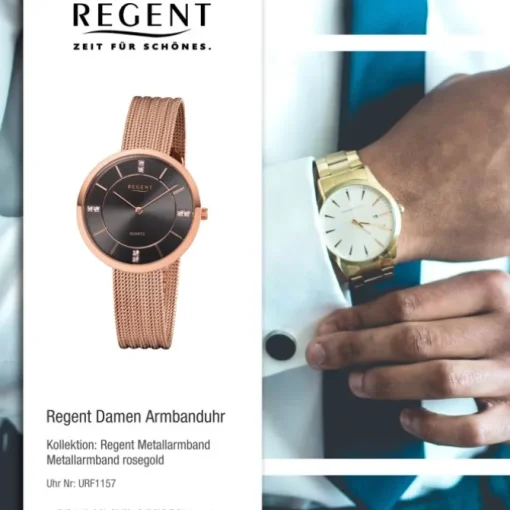 Regent Damen Armbanduhr Analog F-1157 Quarz-Uhr Metall rosegold URF1157