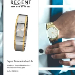 Regent Damen Armbanduhr Analog GM-2103 Quarz-Uhr Metallband gold silber URGM2103