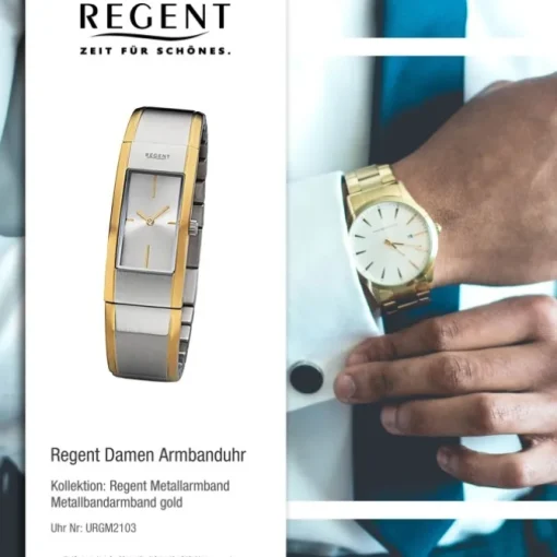 Regent Damen Armbanduhr Analog GM-2103 Quarz-Uhr Metallband gold silber URGM2103