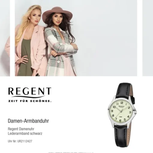 Regent Damen Armbanduhr Analog 2112427 Quarz-Uhr Leder schwarz UR2112427