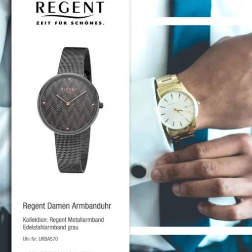 Regent Damen Armbanduhr Analog BA-570 Quarz-Uhr Edelstahl grau URBA570
