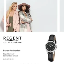 Regent Damen Armbanduhr Analog 2112419 Quarz-Uhr Leder schwarz UR2112419