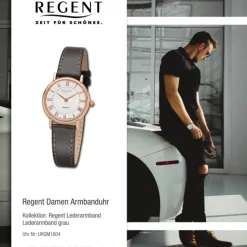 Regent Damen Armbanduhr Analog GM-1604 Quarz-Uhr Leder grau URGM1604