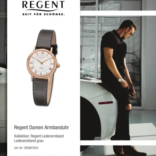 Regent Damen Armbanduhr Analog GM-1604 Quarz-Uhr Leder grau URGM1604