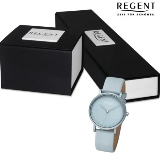 Regent Damen Armbanduhr Analog Lederarmband graublau URBA809
