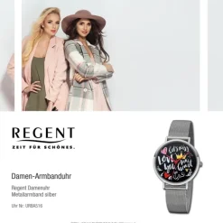 Regent Damen Armbanduhr Analog BA-516 Quarz-Uhr Scribble Metall silber URBA516
