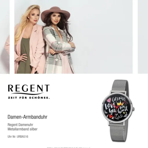 Regent Damen Armbanduhr Analog BA-516 Quarz-Uhr Scribble Metall silber URBA516
