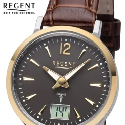 Regent Damen Funkuhr Analog-Digital FR-257 Funk-Uhr Leder braun URFR257