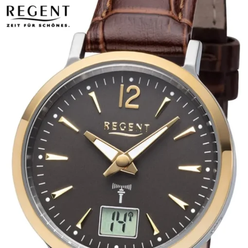 Regent Damen Funkuhr Analog-Digital FR-257 Funk-Uhr Leder braun URFR257