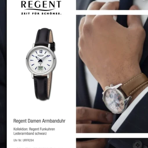 Regent Damen Funkuhr Analog-Digital Lederarmband schwarz URFR284