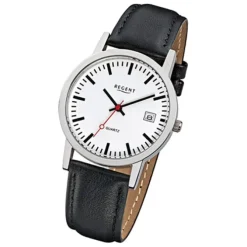 Regent Damen Herren-Armbanduhr Mineralglas Quarz Leder schwarz URF794