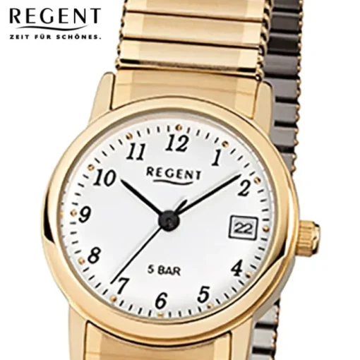 Regent Damen, Herren-Armbanduhr F-890 Quarz-Uhr Stahl-Armband gold URF890