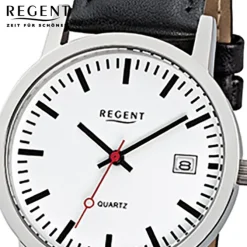 Regent Damen Herren-Armbanduhr Mineralglas Quarz Leder schwarz URF794