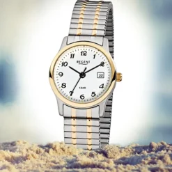 Regent Damen, Herren-Armbanduhr F-887 Quarz-Uhr Stahl-Armband silber gold URF887