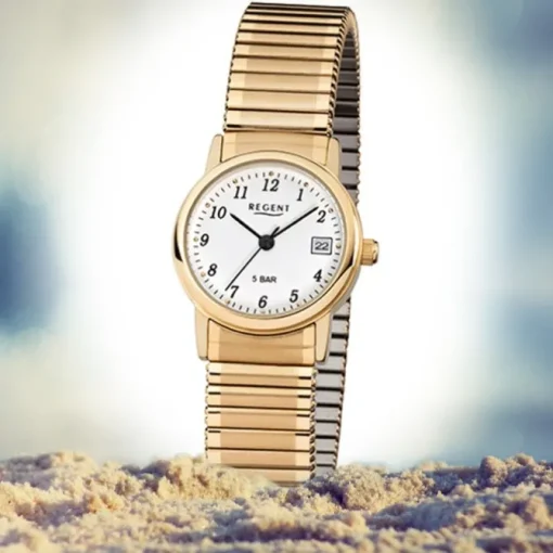 Regent Damen, Herren-Armbanduhr F-890 Quarz-Uhr Stahl-Armband gold URF890